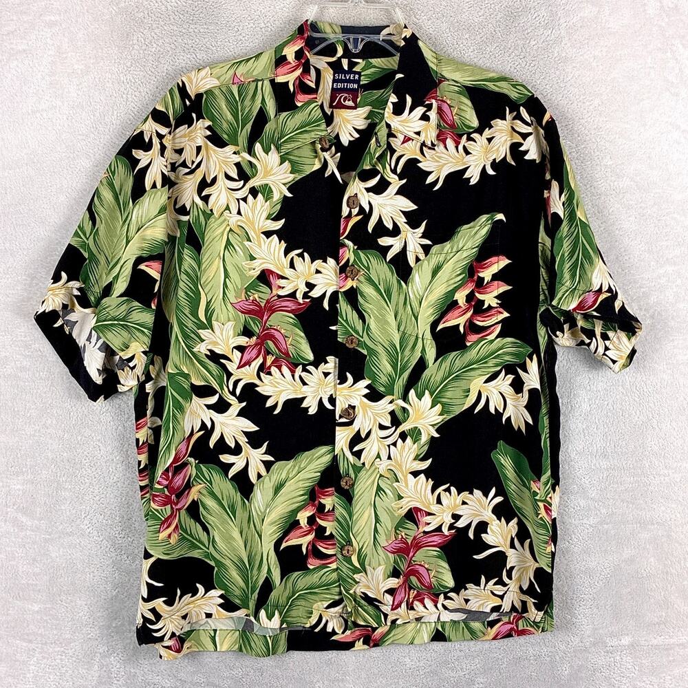 Vintage Quiksilver Shirt Mens L Black Green Floral Rayon Hawaiian Beach 90s USA